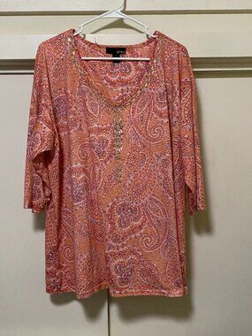 Erika, 3/4 length sleeve, embellished, peach, paisley tunic, size 2X